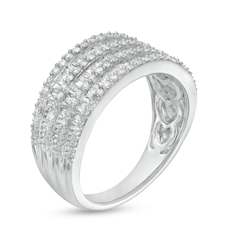Main Image 3 of 1/2 CT. T.W. Baguette and Round Diamond Alternating Multi-Row Ring in 10K White Gold