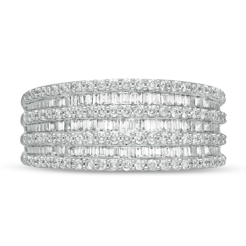 Main Image 4 of 1/2 CT. T.W. Baguette and Round Diamond Alternating Multi-Row Ring in 10K White Gold