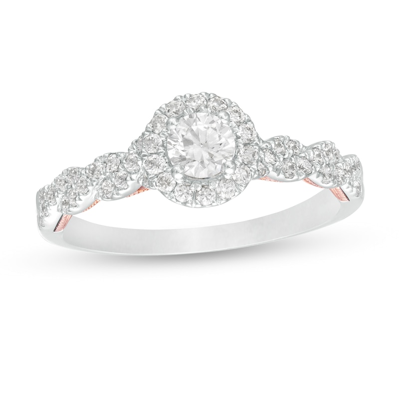 Main Image 1 of 3/4 CT. T.W. GIA-Graded Diamond Frame Vintage-Style Engagement Ring in 14K Two-Tone Gold (I/SI2)