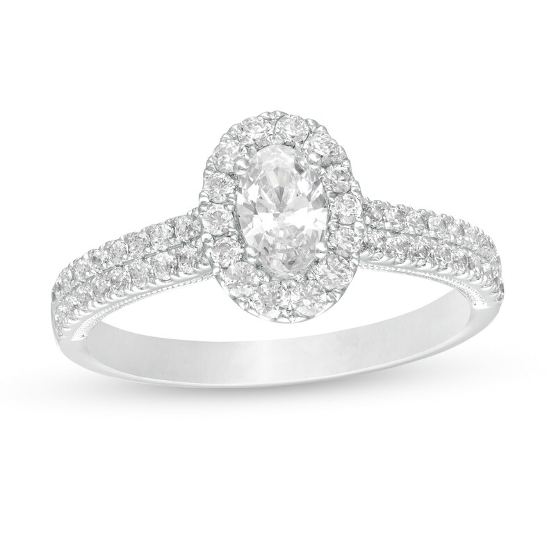 Main Image 1 of 1 CT. T.W. GIA-Graded Oval Diamond Frame Vintage-Style Engagement Ring in 14K White Gold (I/SI2)