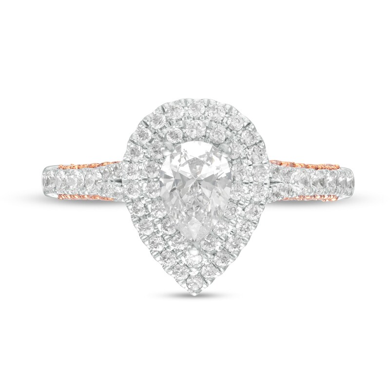 Main Image 4 of 1-3/8 CT. T.W. GIA-Graded Pear-Shaped Diamond Double Frame Vintage-Style Engagement Ring in 14K Two-Tone Gold (I/VS2)