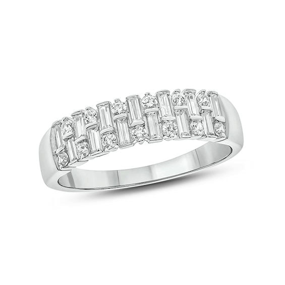 1/2 CT. T.w. Baguette and Round Diamond Alternating Rows Anniversary Ring in 10K White Gold