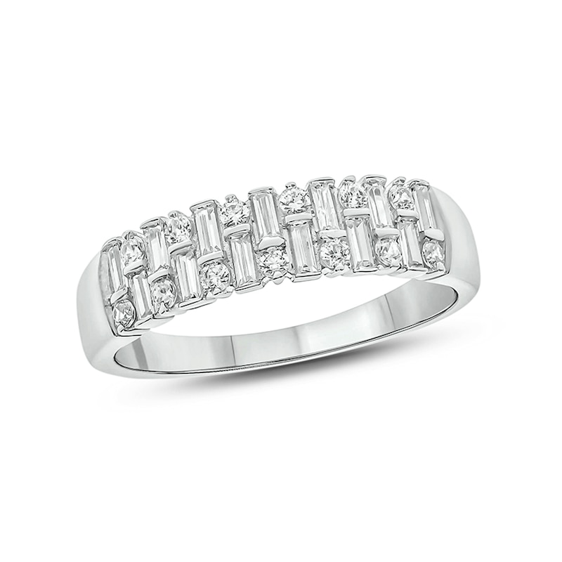 Main Image 1 of 1/2 CT. T.W. Baguette and Round Diamond Alternating Rows Anniversary Ring in 10K White Gold