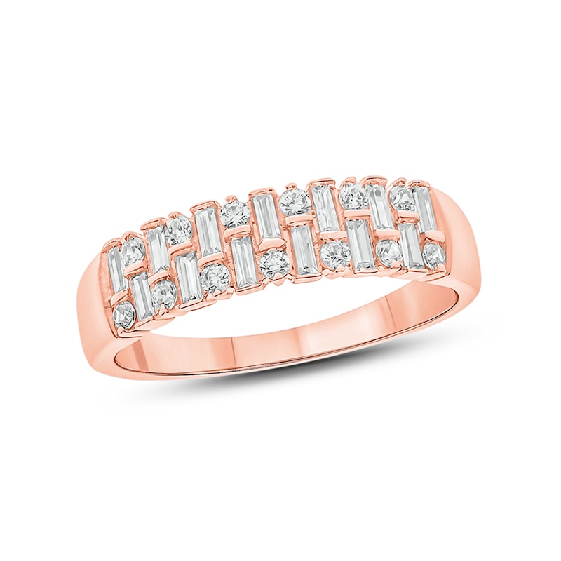 Main Image 1 of 1/2 CT. T.W. Baguette and Round Diamond Alternating Rows Anniversary Ring in 10K Rose Gold