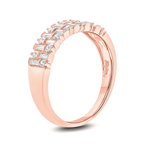 1/2 CT. T.w. Baguette and Round Diamond Alternating Rows Anniversary Ring in 10K Rose Gold