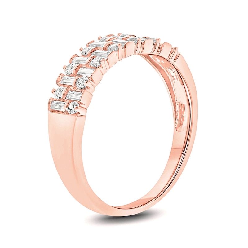 Main Image 2 of 1/2 CT. T.W. Baguette and Round Diamond Alternating Rows Anniversary Ring in 10K Rose Gold