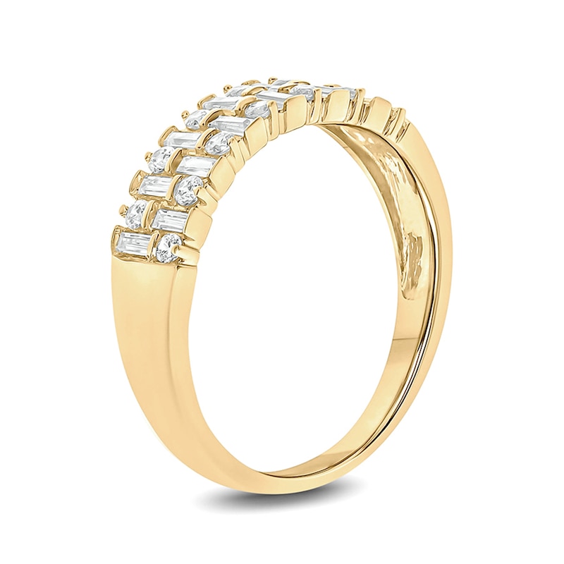Main Image 2 of 1/2 CT. T.W. Baguette and Round Diamond Alternating Rows Anniversary Ring in 10K Gold