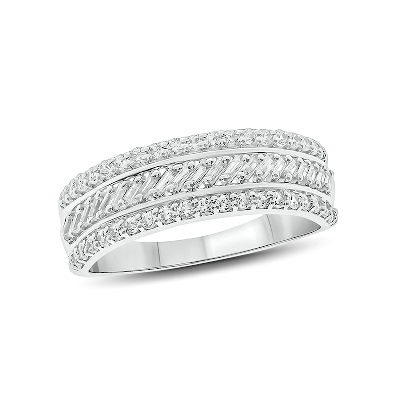 1/2 CT. T.W. Baguette and Round Diamond Slant Stripe Anniversary Band in 10K White Gold