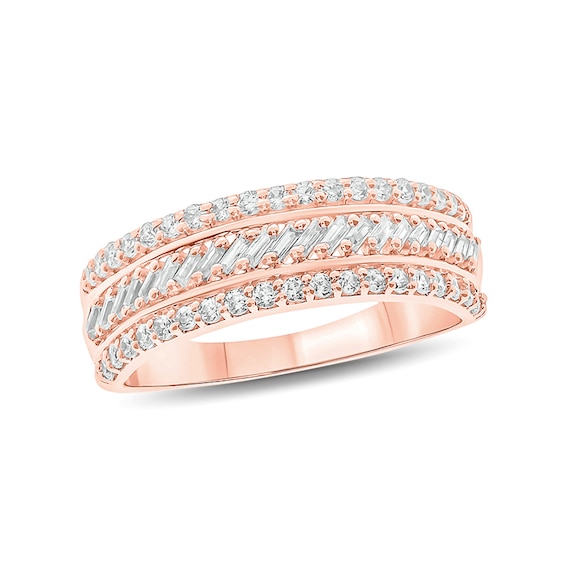 1/2 CT. T.w. Baguette and Round Diamond Slant Stripe Anniversary Band in 10K Rose Gold