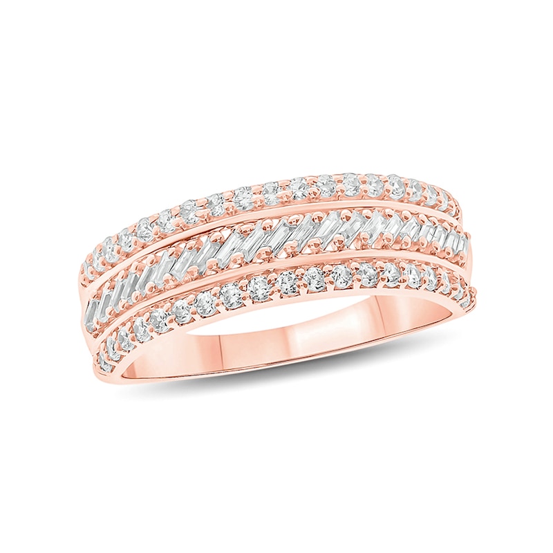 Main Image 1 of 1/2 CT. T.W. Baguette and Round Diamond Slant Stripe Anniversary Band in 10K Rose Gold
