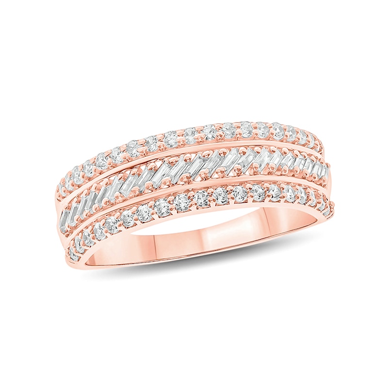 1/2 CT. T.W. Baguette and Round Diamond Slant Stripe Anniversary Band in 10K Rose Gold