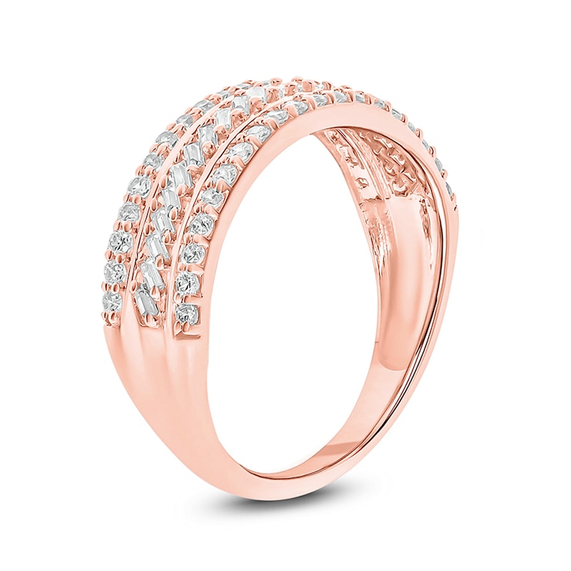Main Image 2 of 1/2 CT. T.W. Baguette and Round Diamond Slant Stripe Anniversary Band in 10K Rose Gold