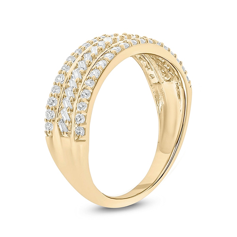 Main Image 2 of 1/2 CT. T.W. Baguette and Round Diamond Slant Stripe Anniversary Band in 10K Gold