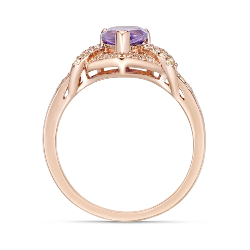 Pear-Shaped Amethyst and White Topaz Frame Buckle Split Shank Ring in Sterling Silver with 18K Rose Gold Plate