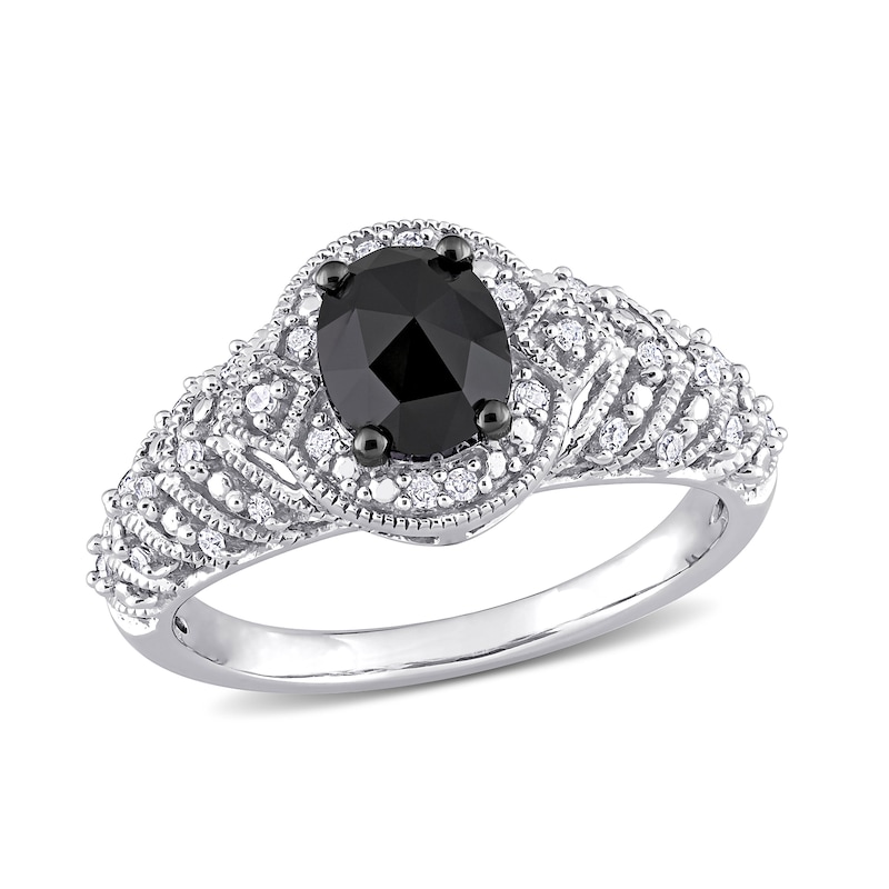 1 CT. T.W. Enhanced Black and White Diamond Tiered Shank Vintage-Style Engagement Ring in 10K White Gold