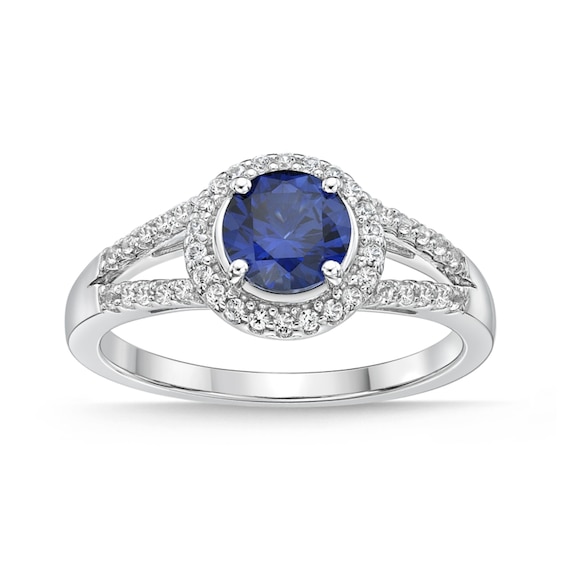 6.0mm Blue and White Lab-Created Sapphire Frame Split Shank Ring in Sterling Silver