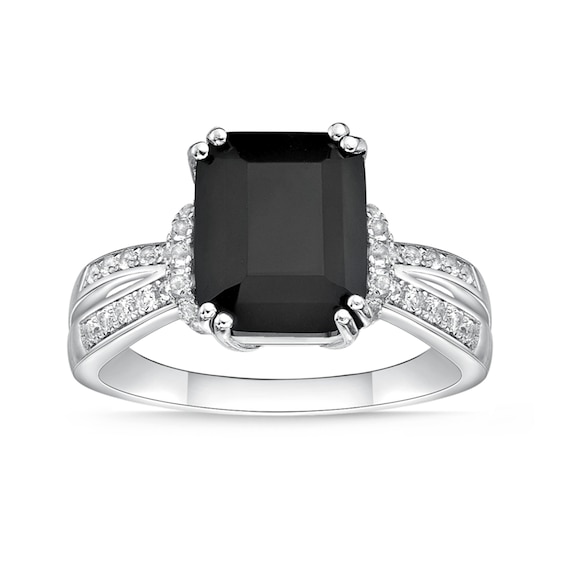 Emerald-Cut Black Onyx and White Topaz Collar Split Shank Ring in Sterling Silver