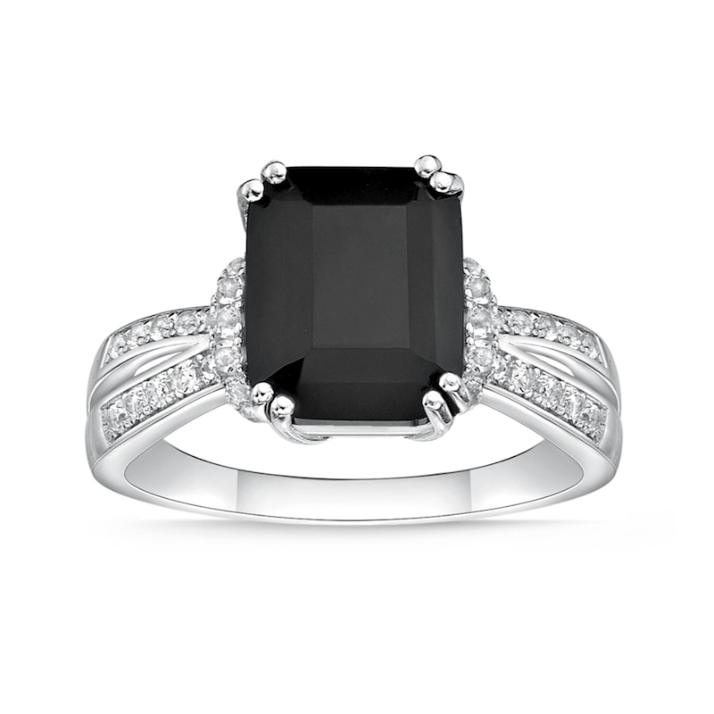 Emerald-Cut Black Onyx and White Topaz Collar Split Shank Ring in Sterling Silver