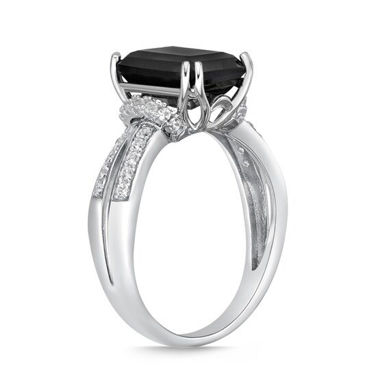 Emerald-Cut Black Onyx and White Topaz Collar Split Shank Ring in Sterling Silver