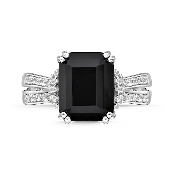 Emerald-Cut Black Onyx and White Topaz Collar Split Shank Ring in Sterling Silver