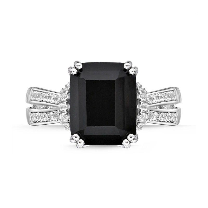 Emerald-Cut Black Onyx and White Topaz Collar Split Shank Ring in ...