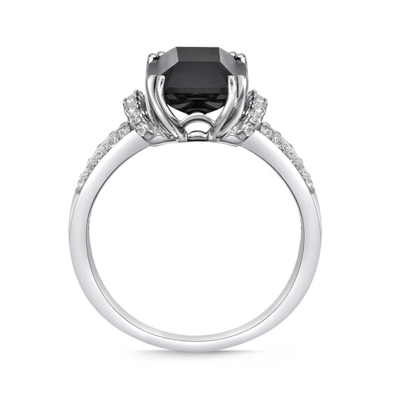 Emerald-Cut Black Onyx and White Topaz Collar Split Shank Ring in Sterling Silver