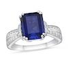 Thumbnail Image 1 of Emerald-Cut Blue and White Lab-Created Sapphire Collar Split Shank Ring in Sterling Silver