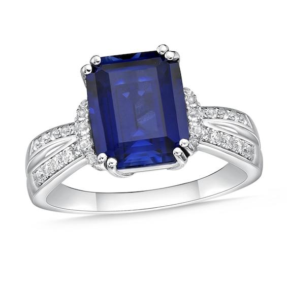 Emerald-Cut Blue and White Lab-Created Sapphire Collar Split Shank Ring Sterling Silver