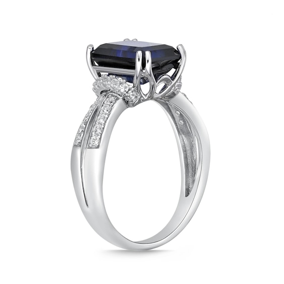 Emerald-Cut Blue and White Lab-Created Sapphire Collar Split Shank Ring Sterling Silver