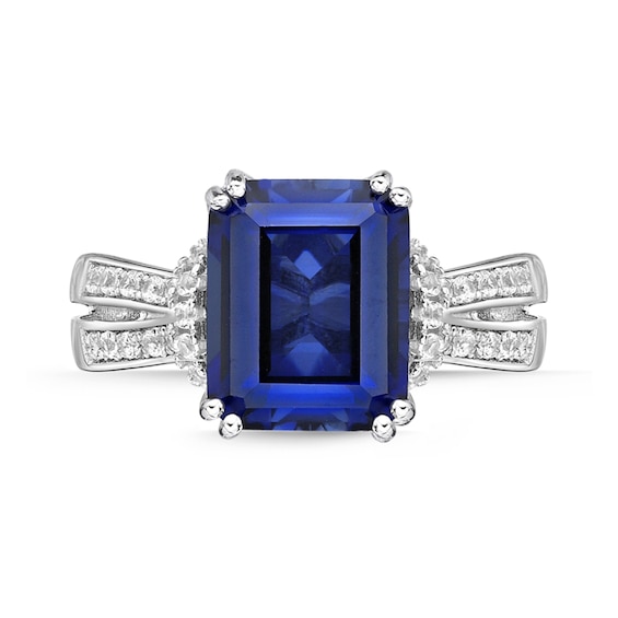 Emerald-Cut Blue and White Lab-Created Sapphire Collar Split Shank Ring Sterling Silver
