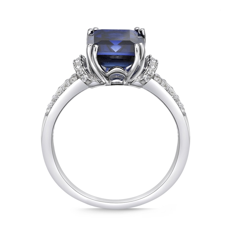 Main Image 4 of Emerald-Cut Blue and White Lab-Created Sapphire Collar Split Shank Ring in Sterling Silver