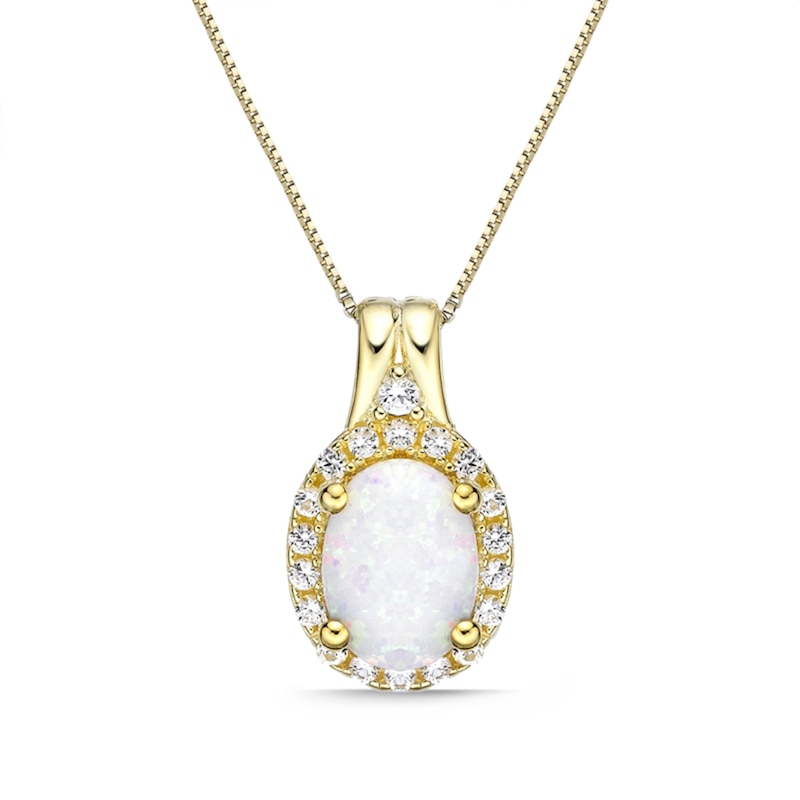 Oval Lab-Created Opal and White Sapphire Frame Pendant in Sterling Silver with 18K Gold Plate