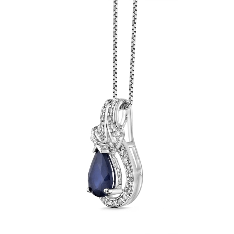 Pear-Shaped Blue Sapphire and 1/6 CT. T.W. Diamond Frame Doorknocker Pendant in 10K White Gold