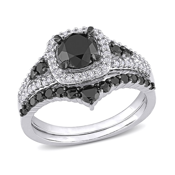 1-1/2 CT. T.w. Black and White Diamond Cushion Frame Bridal Set in 10K White Gold
