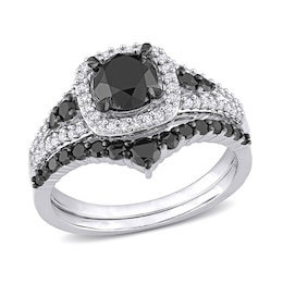 1-1/2 CT. T.W. Black and White Diamond Cushion Frame Bridal Set in 10K White Gold