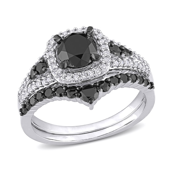 1-1/2 CT. T.w. Black and White Diamond Cushion Frame Bridal Set in 10K White Gold