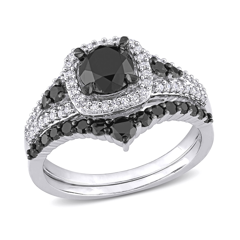 Main Image 1 of 1-1/2 CT. T.W. Black and White Diamond Cushion Frame Bridal Set in 10K White Gold