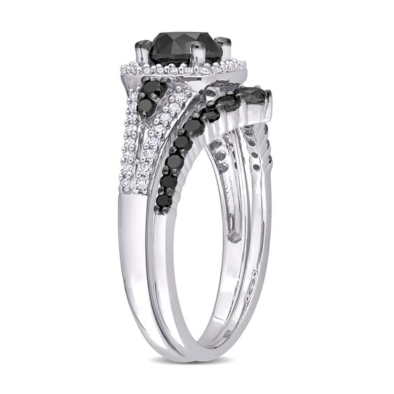 1-1/2 CT. T.w. Black and White Diamond Cushion Frame Bridal Set in 10K White Gold