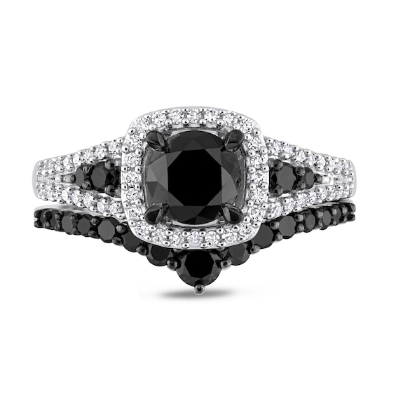 1-1/2 CT. T.w. Black and White Diamond Cushion Frame Bridal Set in 10K White Gold