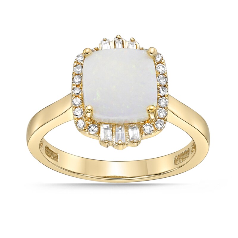 8.0mm Cushion-Cut Opal and 1/5 CT. T.W. Diamond Ornate Frame Ring in 10K Gold