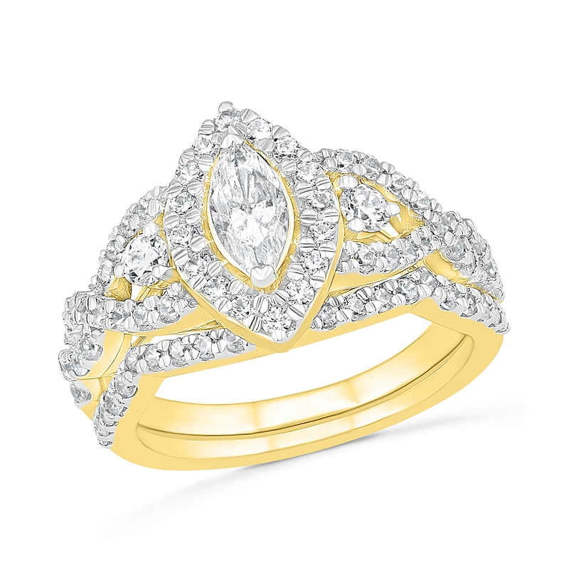 Main Image 1 of 1-1/2 CT. T.W. Marquise Diamond Frame Vintage-Style Bridal Set in 10K Gold