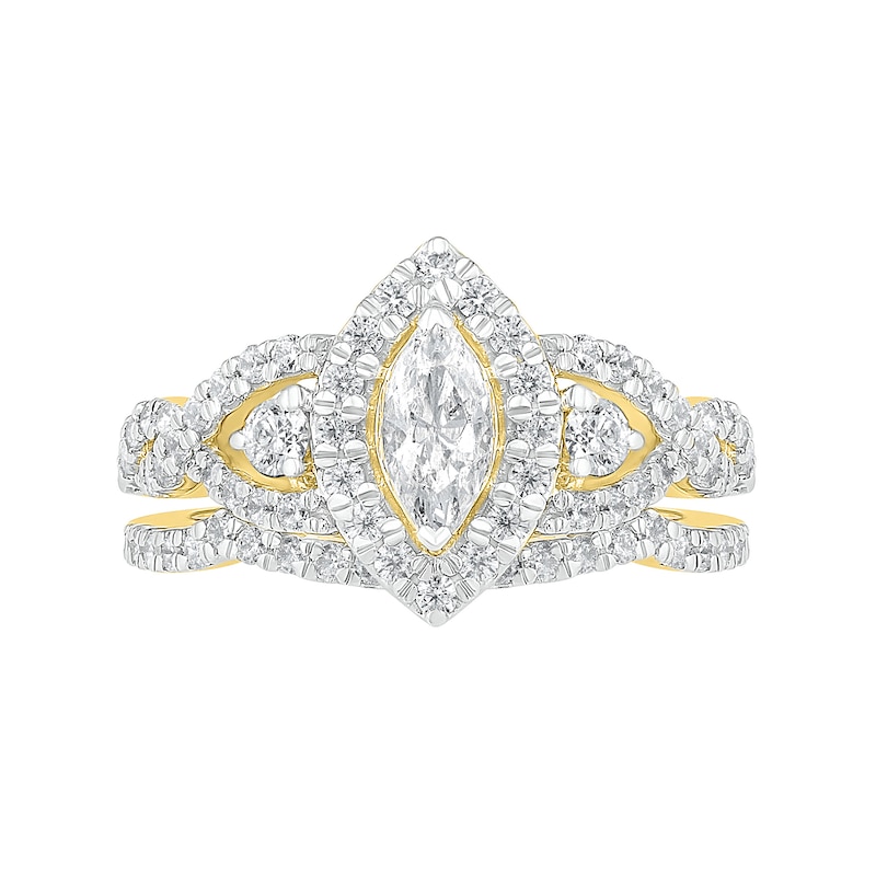 Main Image 4 of 1-1/2 CT. T.W. Marquise Diamond Frame Vintage-Style Bridal Set in 10K Gold