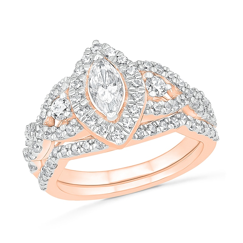 Main Image 1 of 1-1/2 CT. T.W. Marquise Diamond Frame Vintage-Style Bridal Set in 10K Rose Gold