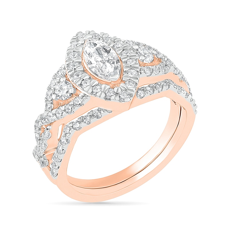 Main Image 2 of 1-1/2 CT. T.W. Marquise Diamond Frame Vintage-Style Bridal Set in 10K Rose Gold