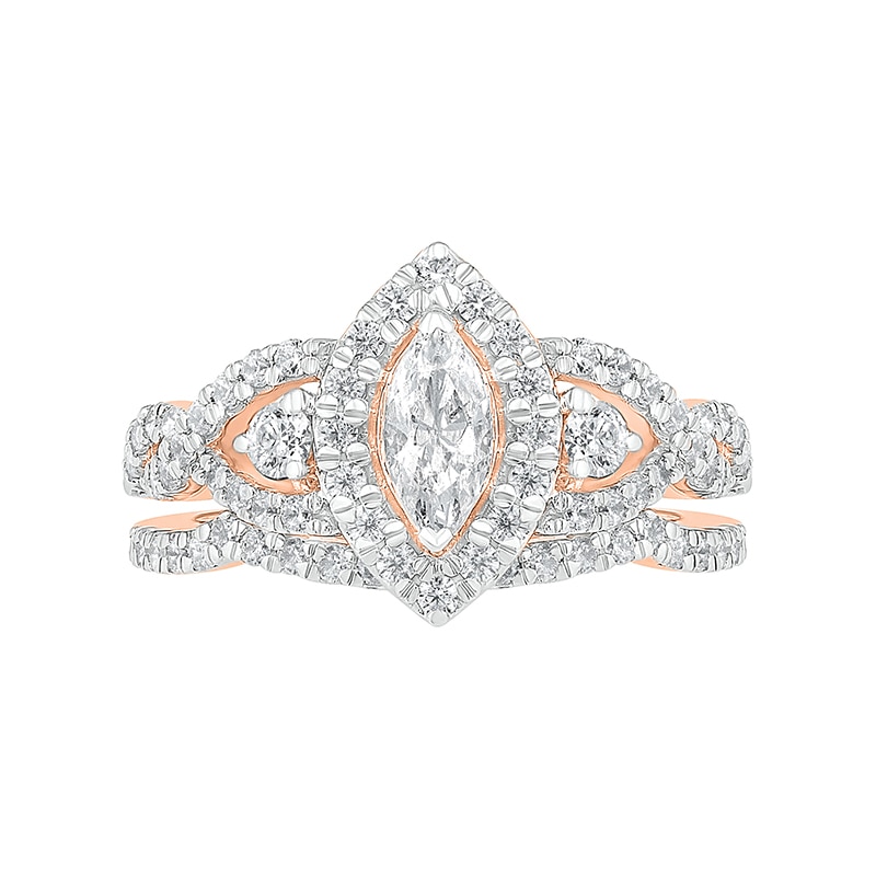 Main Image 4 of 1-1/2 CT. T.W. Marquise Diamond Frame Vintage-Style Bridal Set in 10K Rose Gold