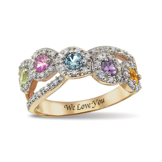 Mother's 3.0mm Birthstone Frame Crossover Ring by ArtCarved (3-5 Stones and 1 Line)
