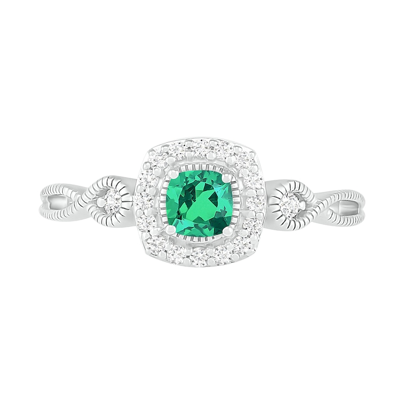 4.0mm Cushion-Cut Lab-Created Emerald and White Sapphire Frame Infinity Shank Vintage-Style Ring in Sterling Silver