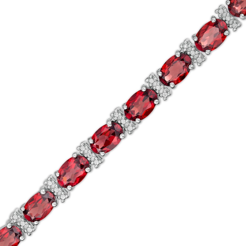Main Image 1 of Oval Garnet and Diamond Accent Beaded Alternating Line Bracelet in Sterling Silver - 7.25"