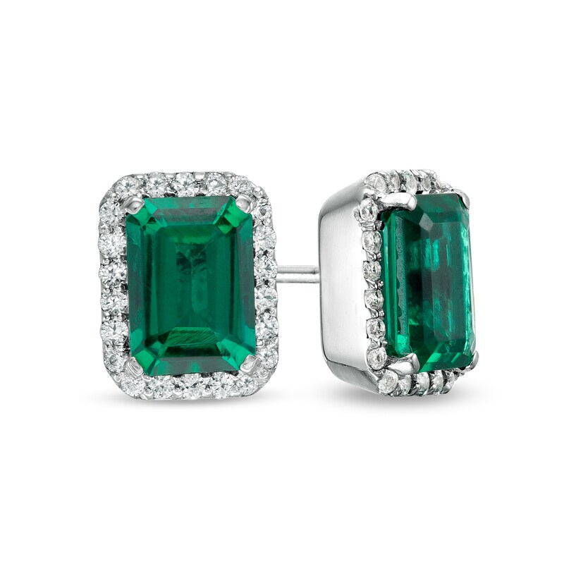 Main Image 1 of Emerald-Cut Lab-Created Emerald and White Sapphire Octagonal Frame Stud Earrings in Sterling Silver