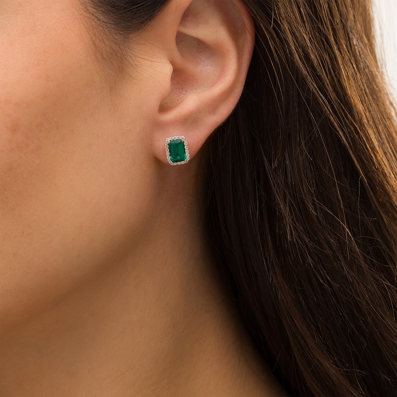 Main Image 2 of Emerald-Cut Lab-Created Emerald and White Sapphire Octagonal Frame Stud Earrings in Sterling Silver